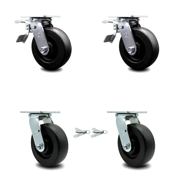 6 Inch Polyolefin Caster Set with Roller Bearings 2 Brakes 2 Swivel Locks SCC